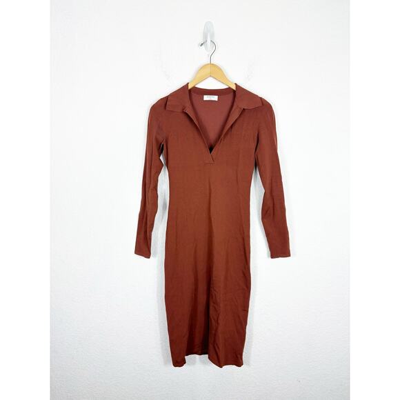 Aritzia Babaton Fame Polo Dress Small Rich Copper Ribbed Long Sleeves Stretch - Picture 3 of 13